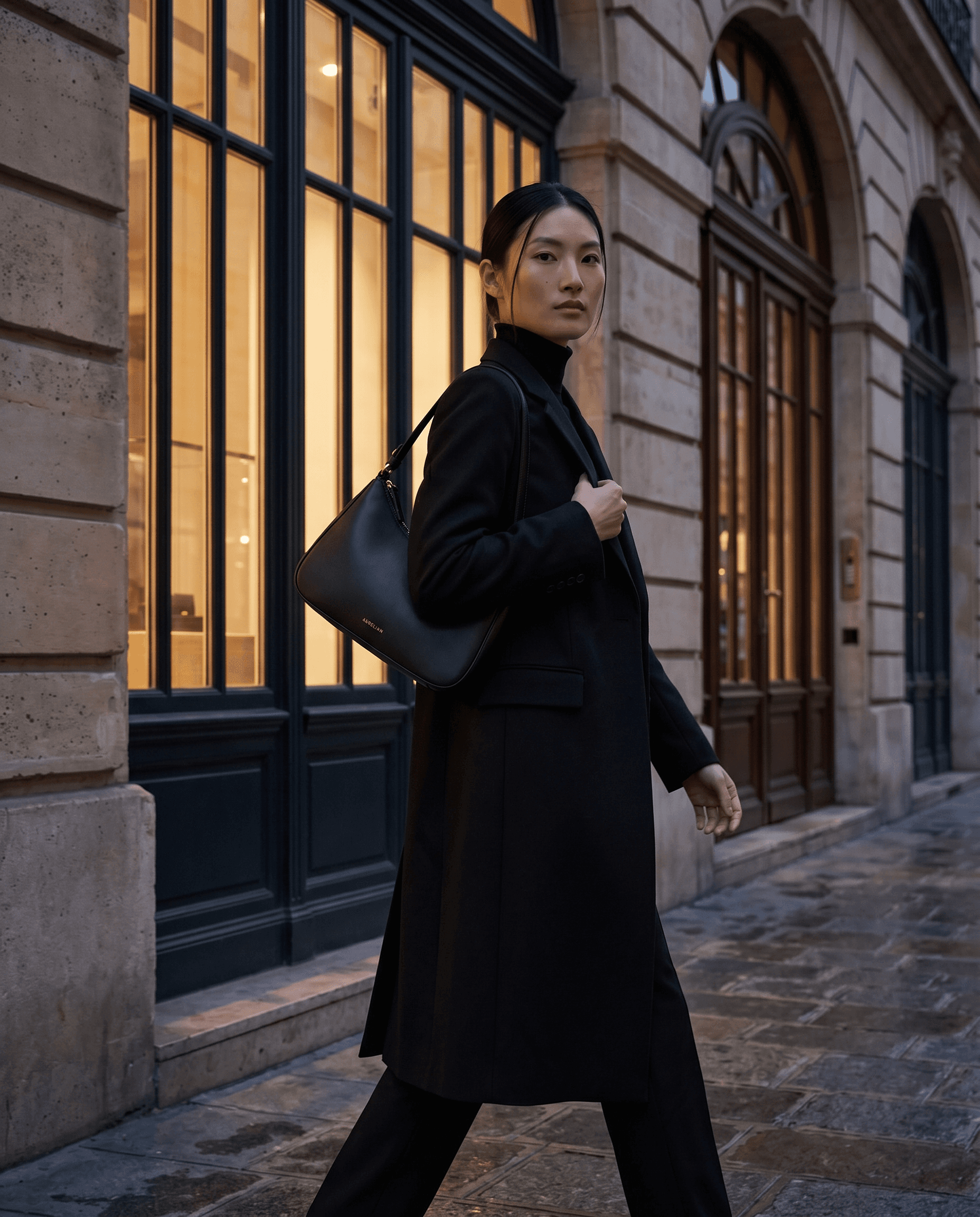 Campaign image of the AURELIAN handbag on location at dusk
