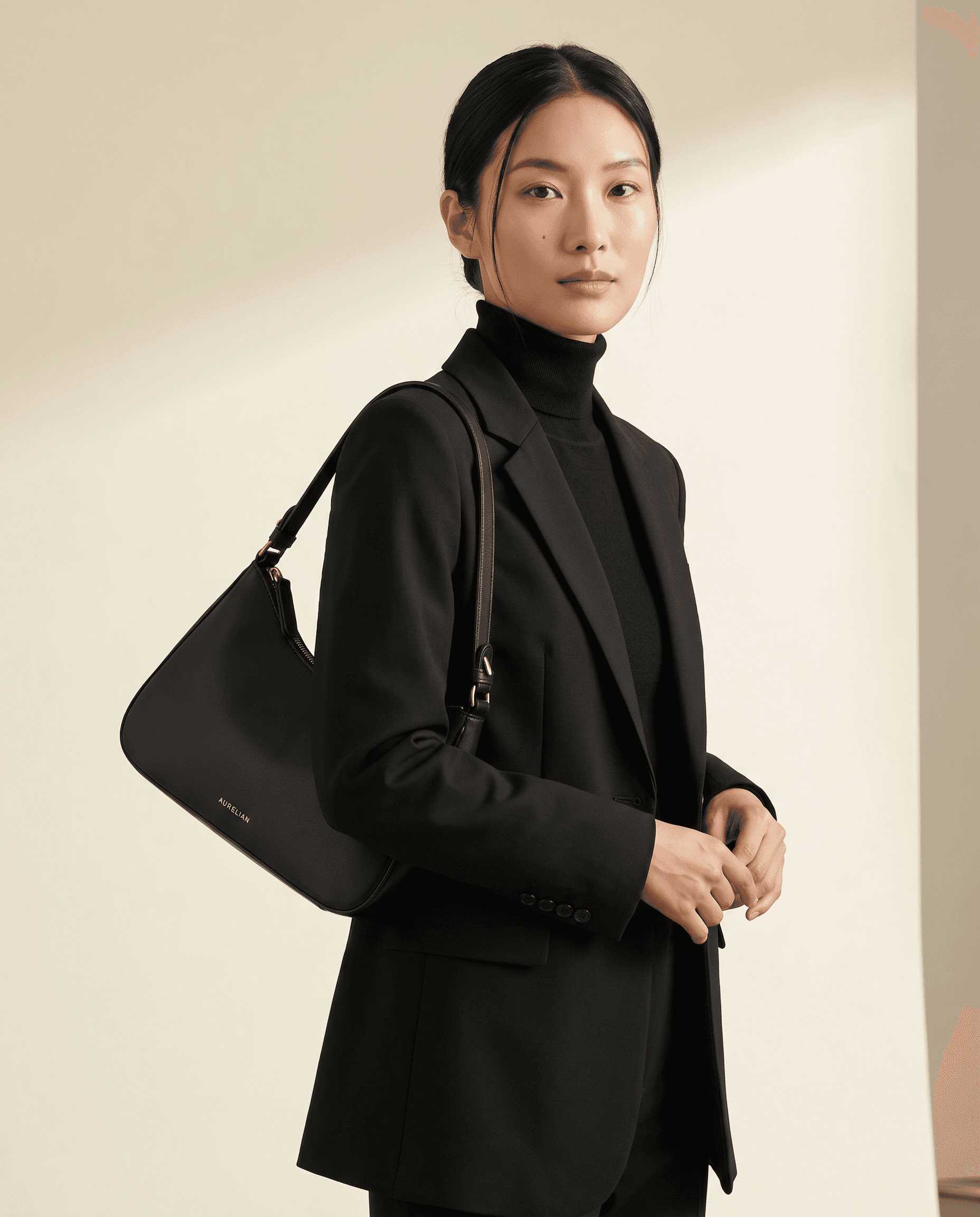 Licensed model carrying the AURELIAN handbag in studio