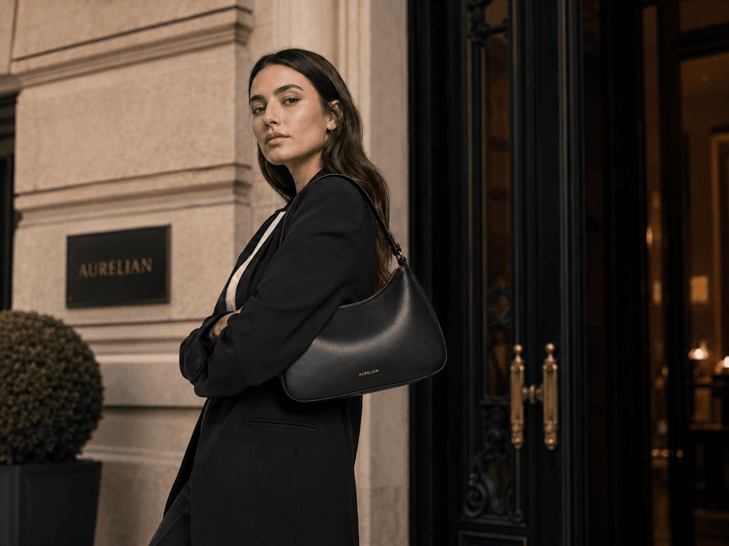 Model with the Aurelian handbag on location
